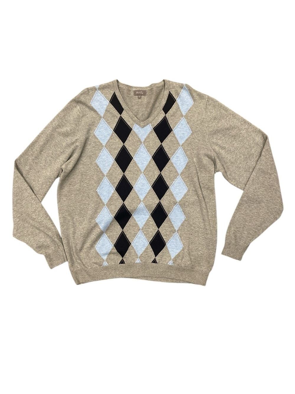Wolsey XL Grey Argyle V-Neck Cotton Sweater Classic Preppy